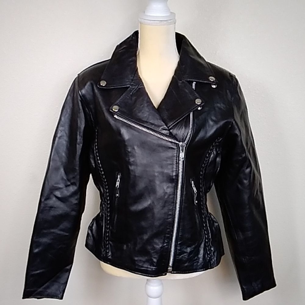 VTB AUTHENTIC LEATHER BLACK MOTORCYCLE WOMEN JACKET SIZE M